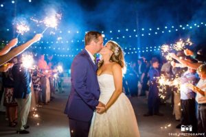 Bride and Groom Kissing At Sparkler Wedding Grand Exit